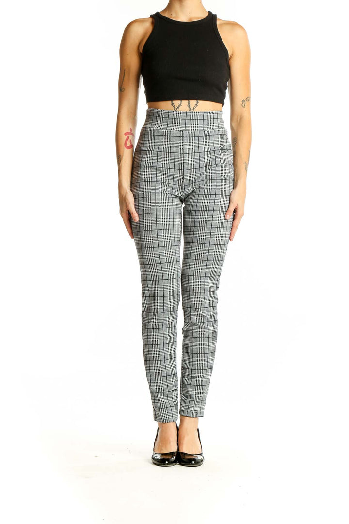 Front view of SilkRoll gray plaid high-waisted slim pants with glen check pattern