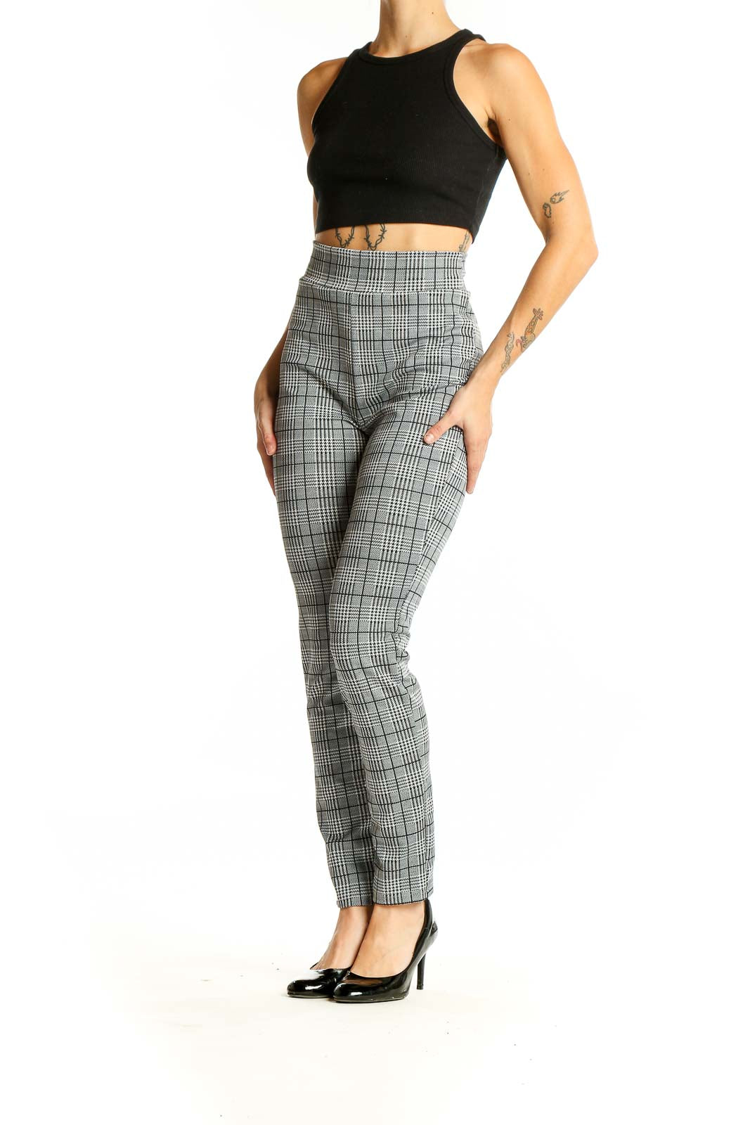 Front view of SilkRoll gray plaid high-waisted slim pants with glen check pattern