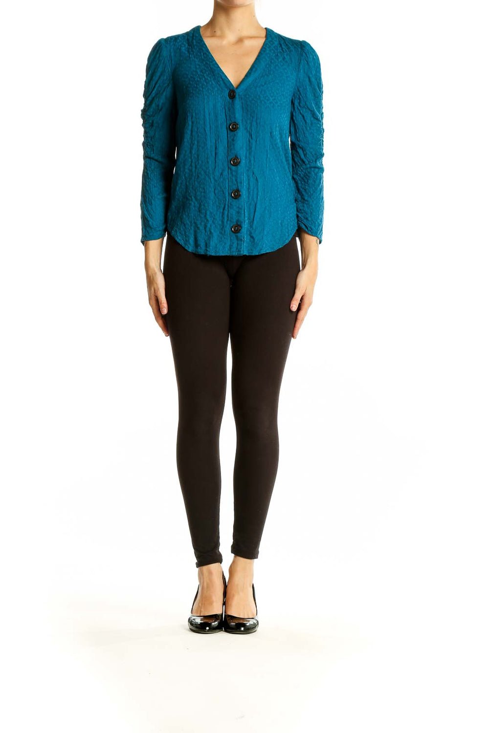 Front view of teal textured Maeve blouse with V-neck and button-down design