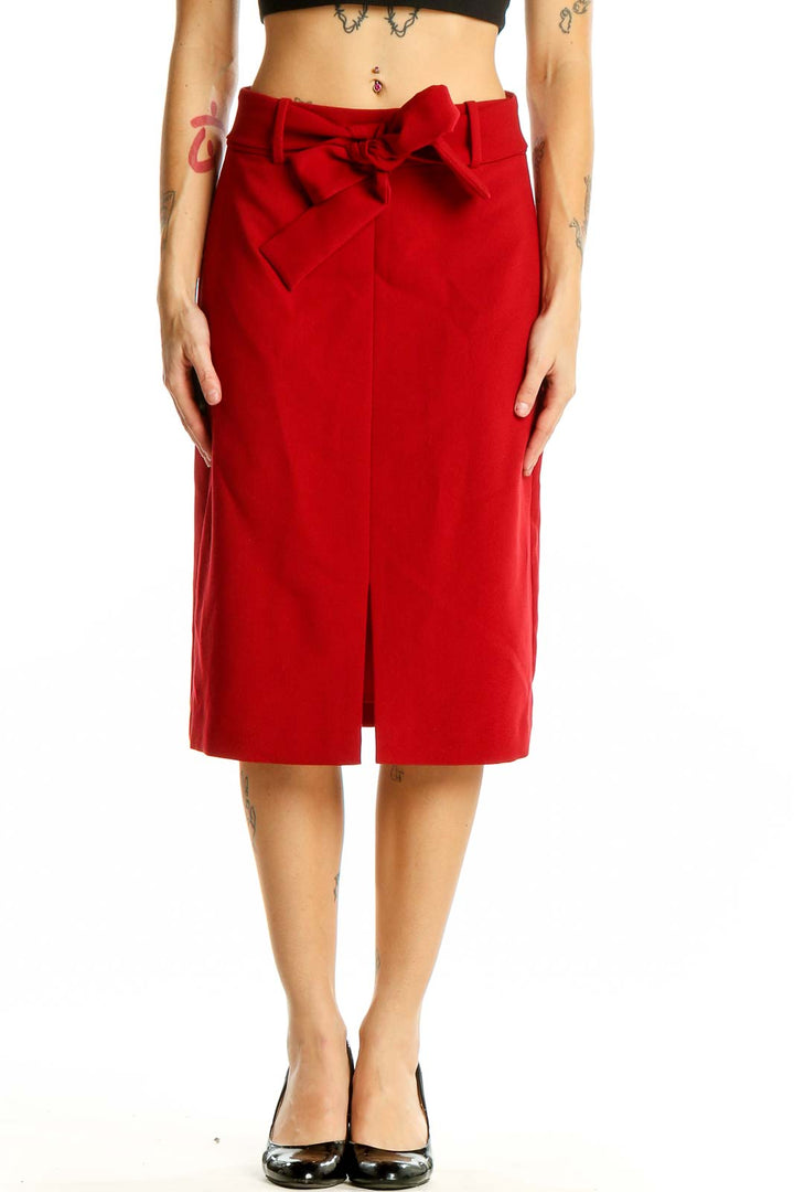 Front view of red Banana Republic pencil skirt with bow-tie belt