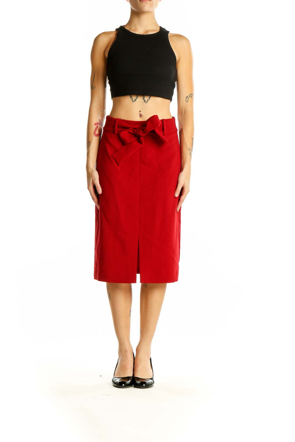 Front view of red Banana Republic pencil skirt with bow-tie belt