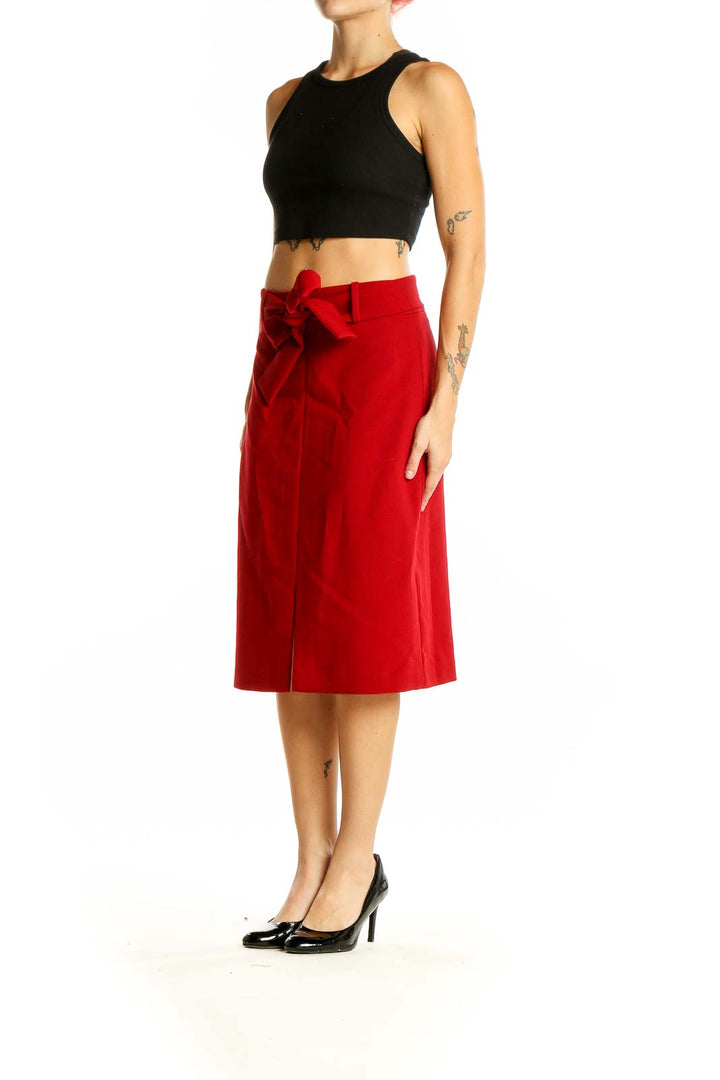 Front view of red Banana Republic pencil skirt with bow-tie belt