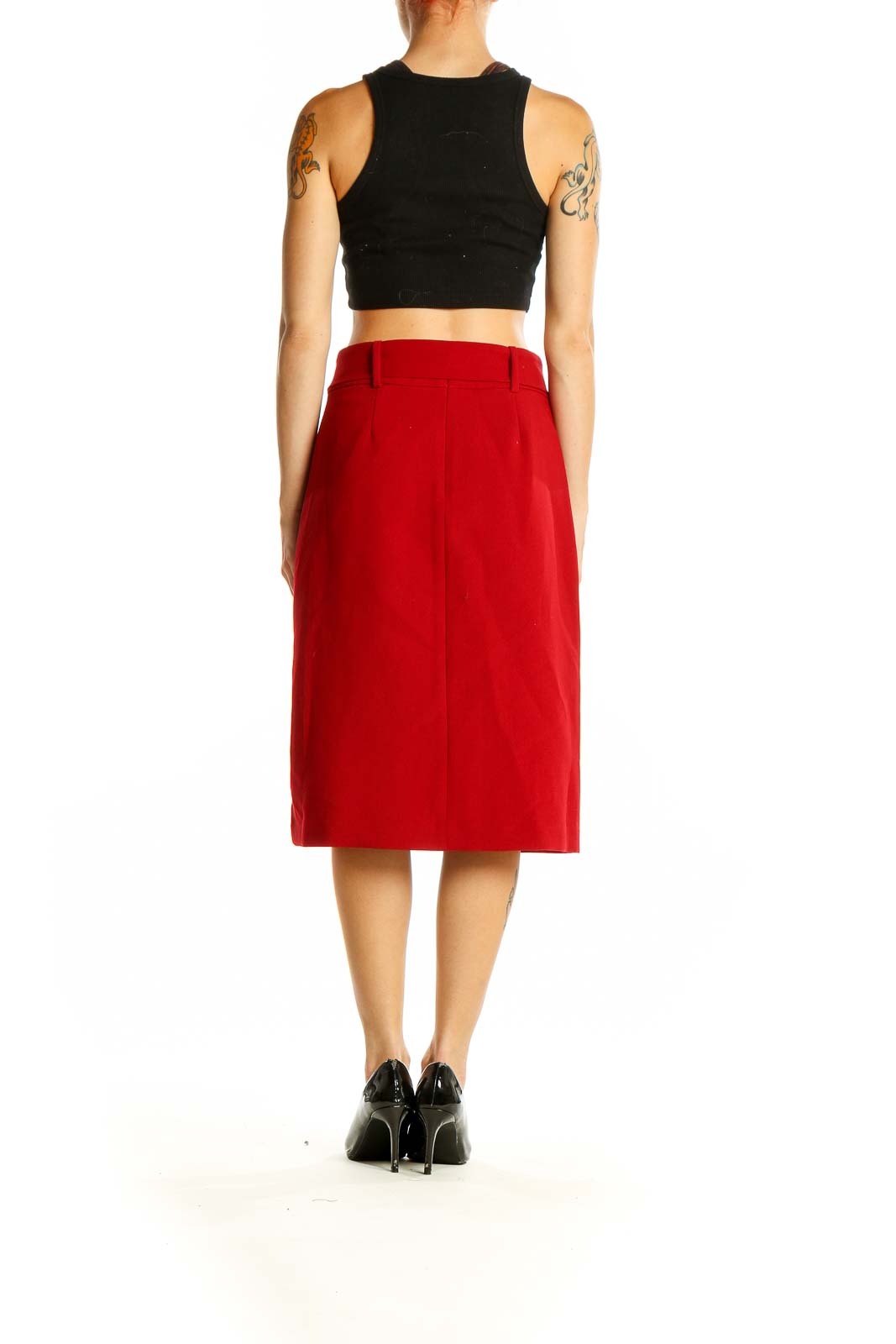 Side view of red Banana Republic pencil skirt showing front slit