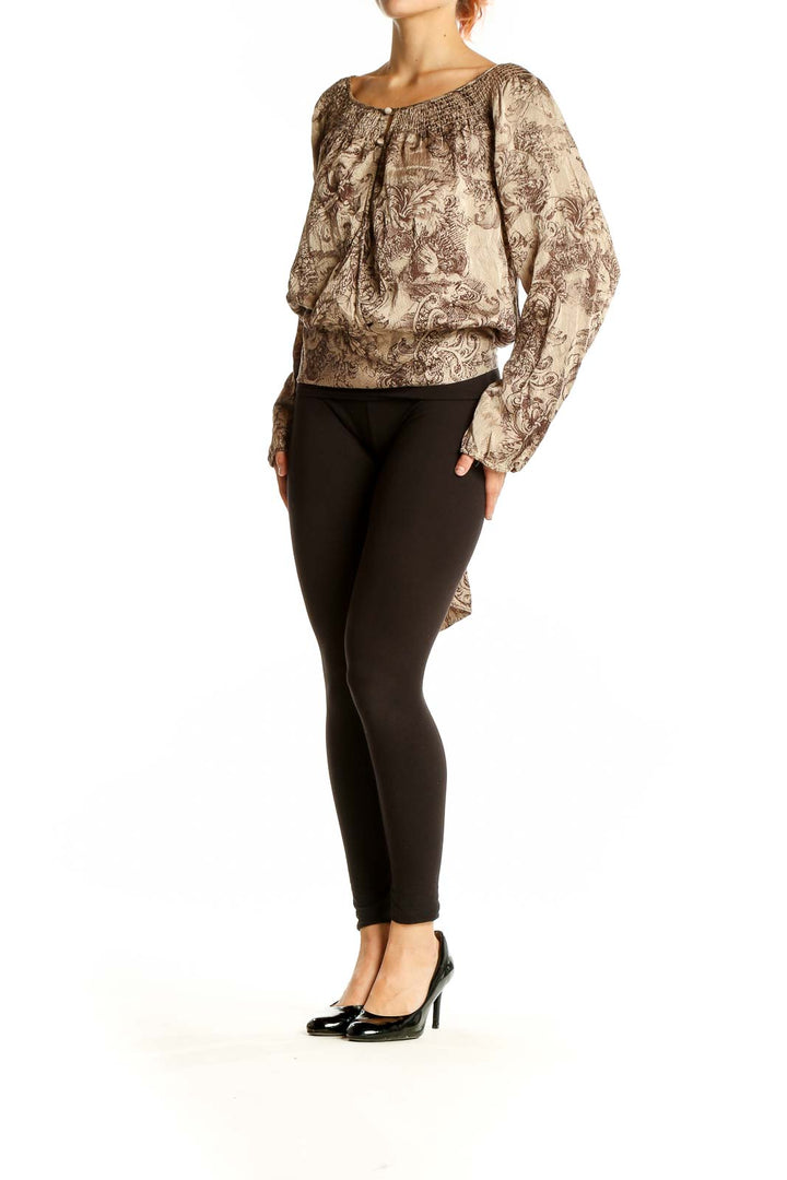 Front view of BCBG MaxAzria beige silk peasant blouse with brown floral pattern