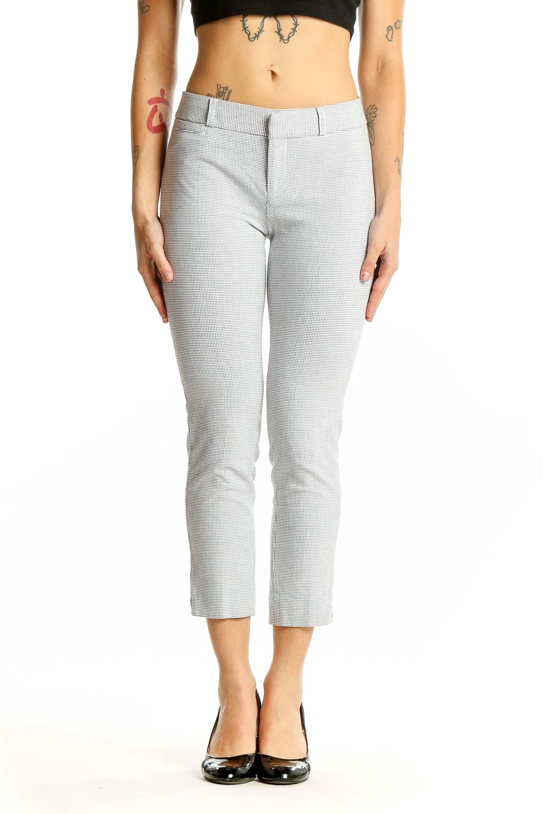 Front view of Banana Republic light gray cropped slim-fit trousers