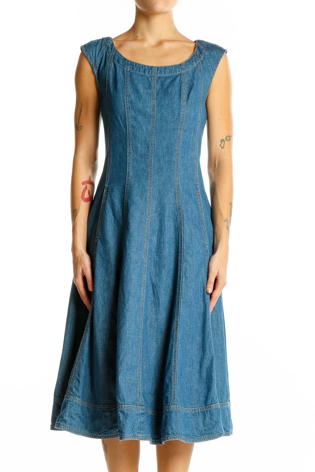 Front view of Pilcro and the Letterpress blue denim fit-and-flare midi dress