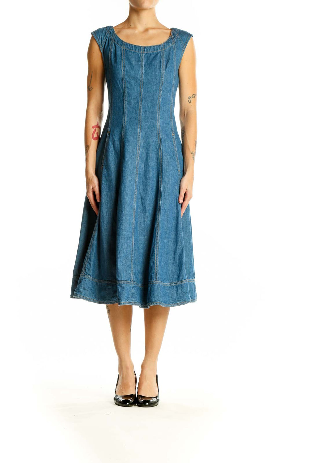 Front view of Pilcro and the Letterpress blue denim fit-and-flare midi dress