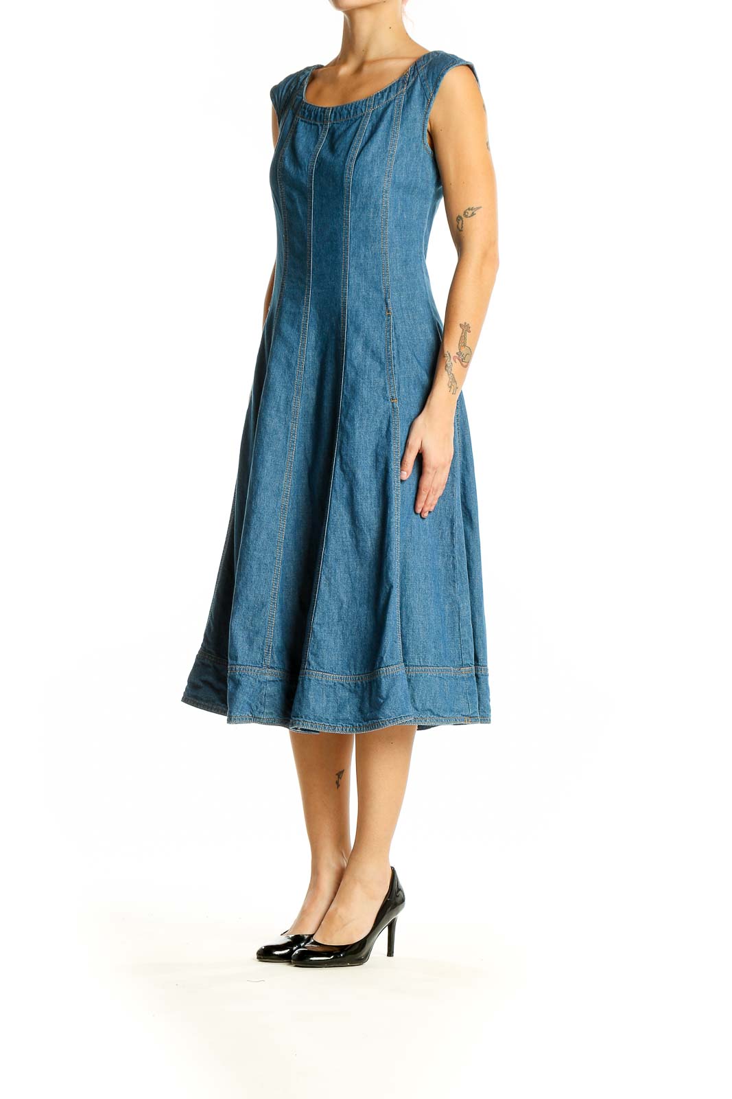 Front view of Pilcro and the Letterpress blue denim fit-and-flare midi dress