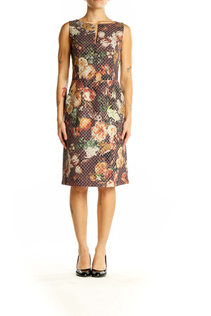 Front view of Tabitha brown floral sleeveless sheath dress with fitted silhouette