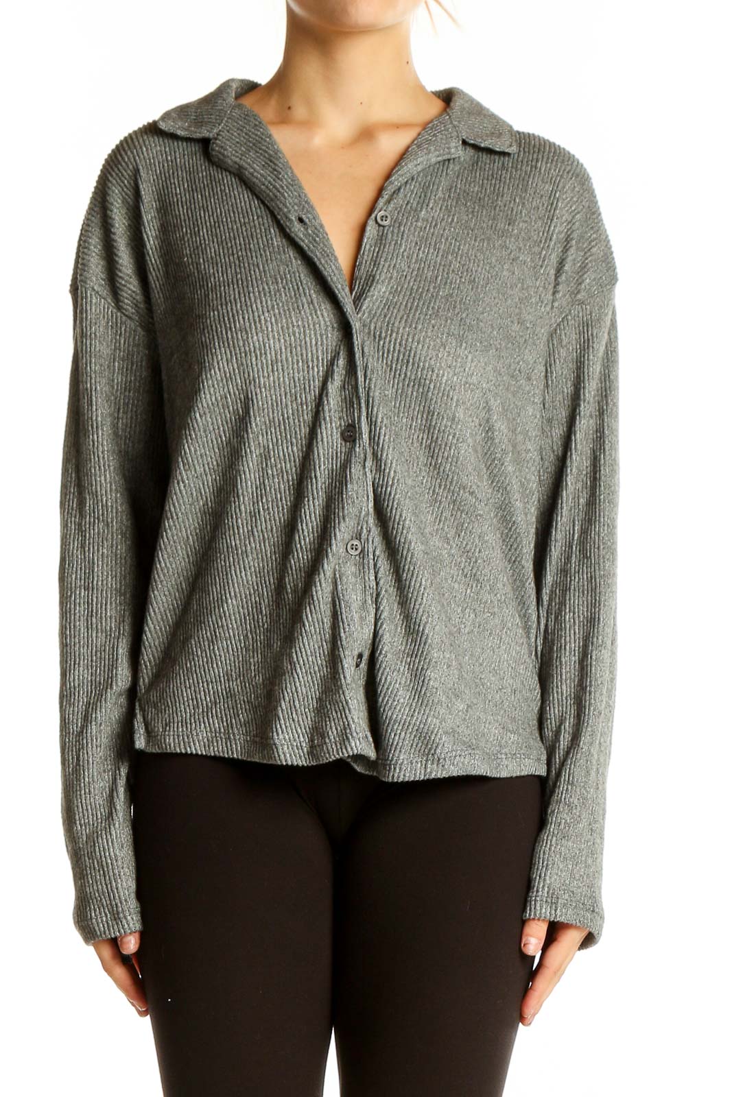 Front view of Vince Camuto gray ribbed button-down knit top