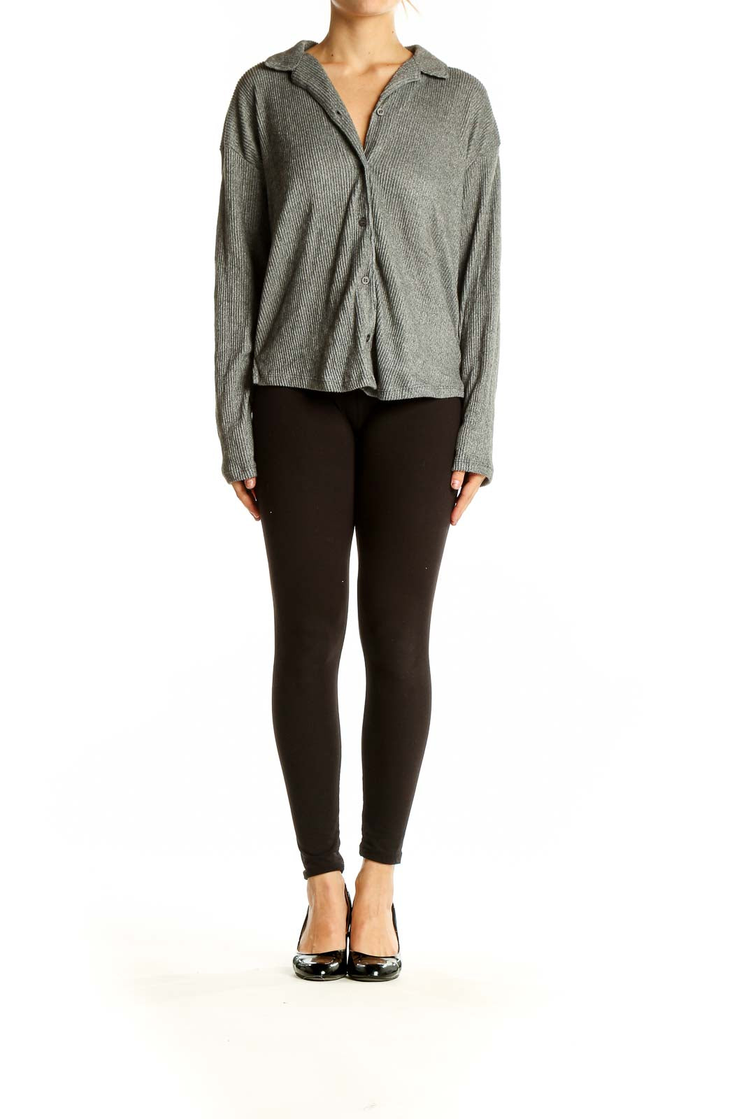 Front view of Vince Camuto gray ribbed button-down knit top