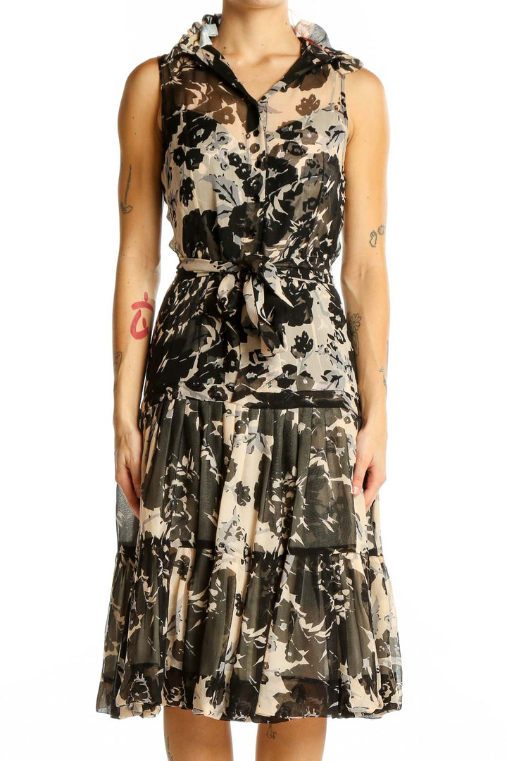 Front view of Tracy Reese black and beige floral silk midi dress with V-neck and tiered skirt