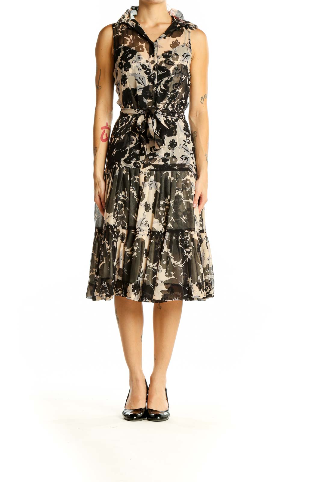 Front view of Tracy Reese black and beige floral silk midi dress with V-neck and tiered skirt