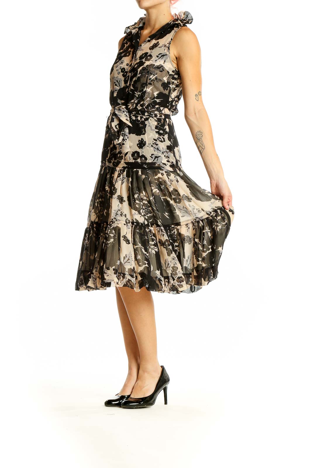 Front view of Tracy Reese black and beige floral silk midi dress with V-neck and tiered skirt