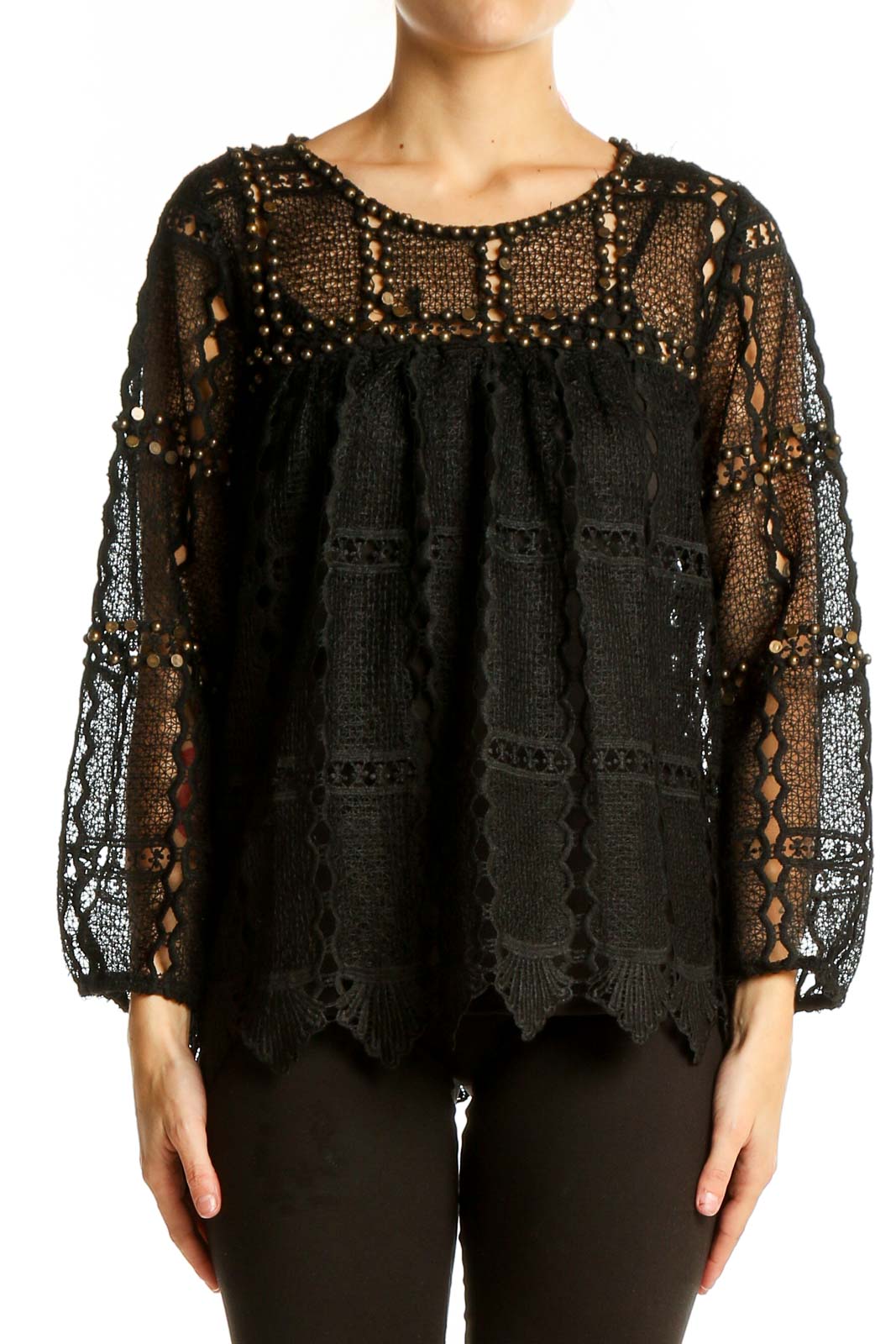 Front view of Maeve black lace crochet overlay blouse with gold studs