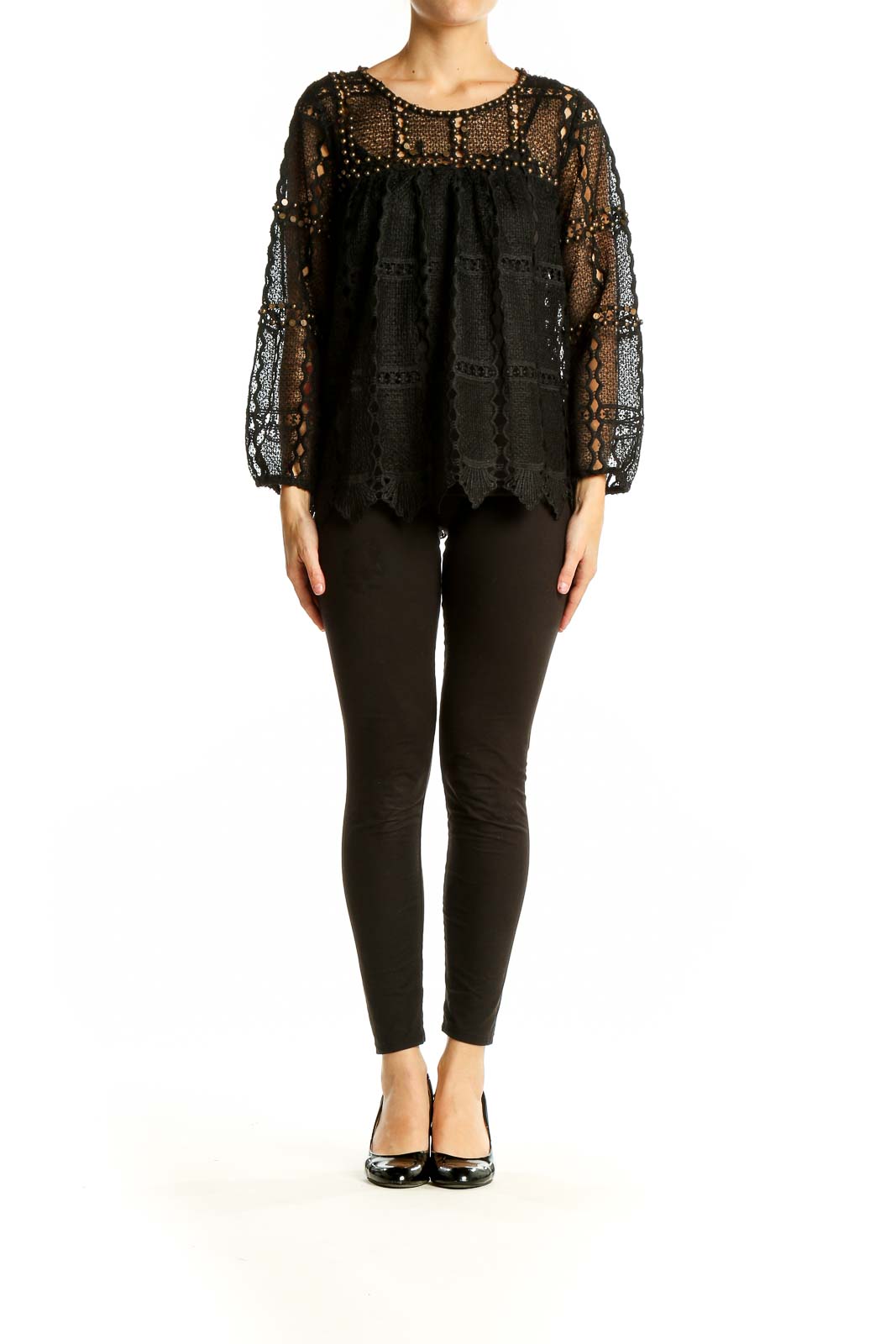 Front view of Maeve black lace crochet overlay blouse with gold studs