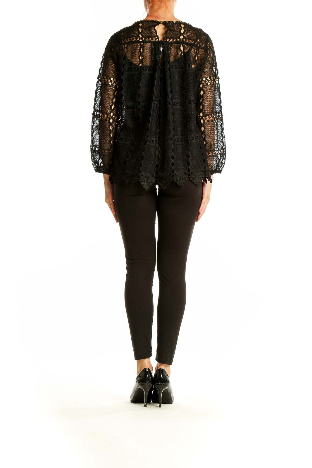 Back view of Maeve black lace crochet overlay blouse showing intricate pattern