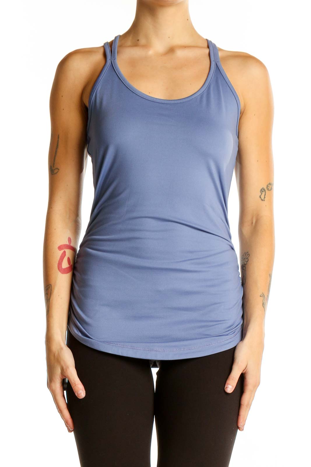 Front view of blue Calia racerback workout tank with ruched sides