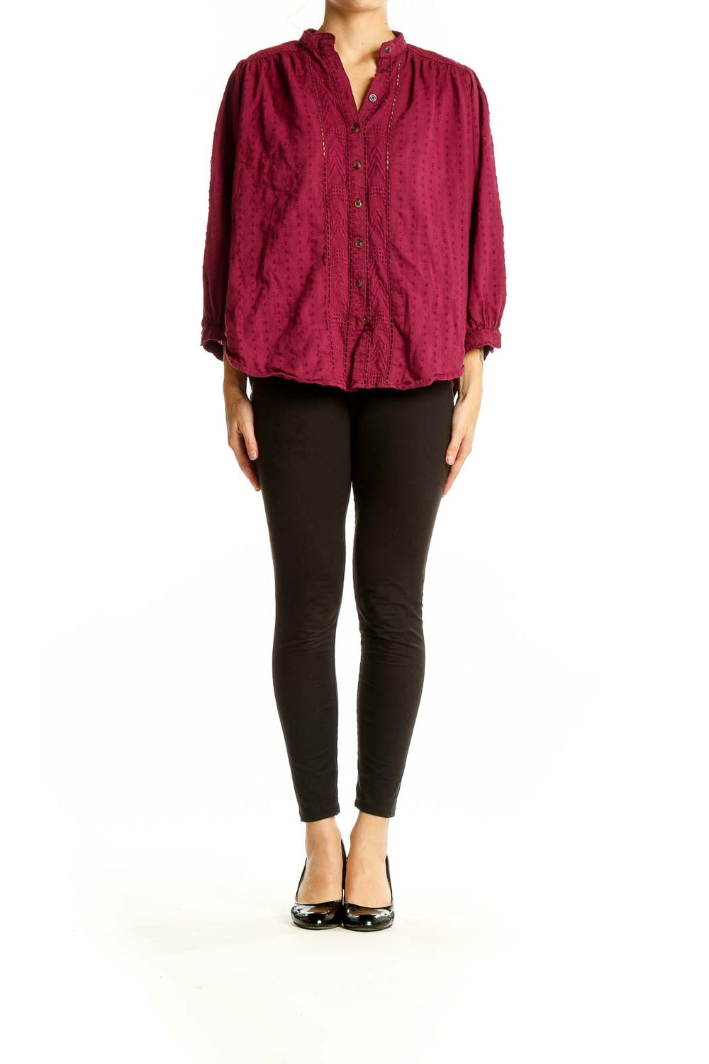 Front view of burgundy textured cotton blouse with button-up front and lace detailing