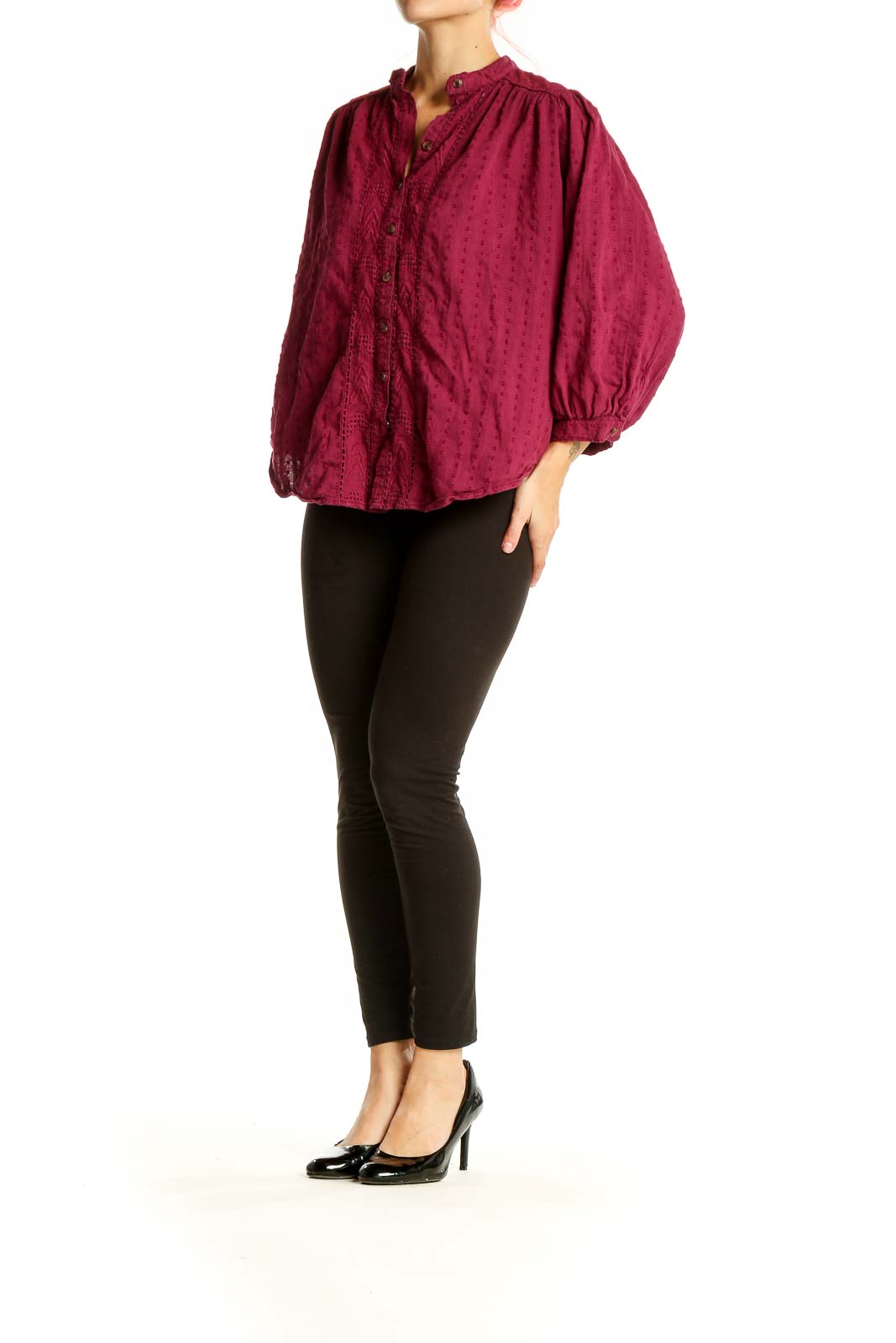 Front view of burgundy textured cotton blouse with button-up front and lace detailing