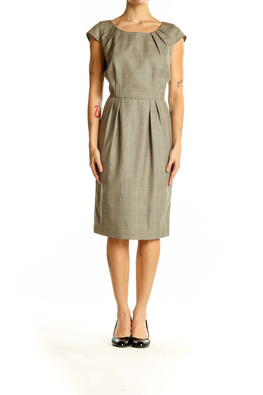 Front view of Calvin Klein taupe sheath dress with pleated neckline and cap sleeves