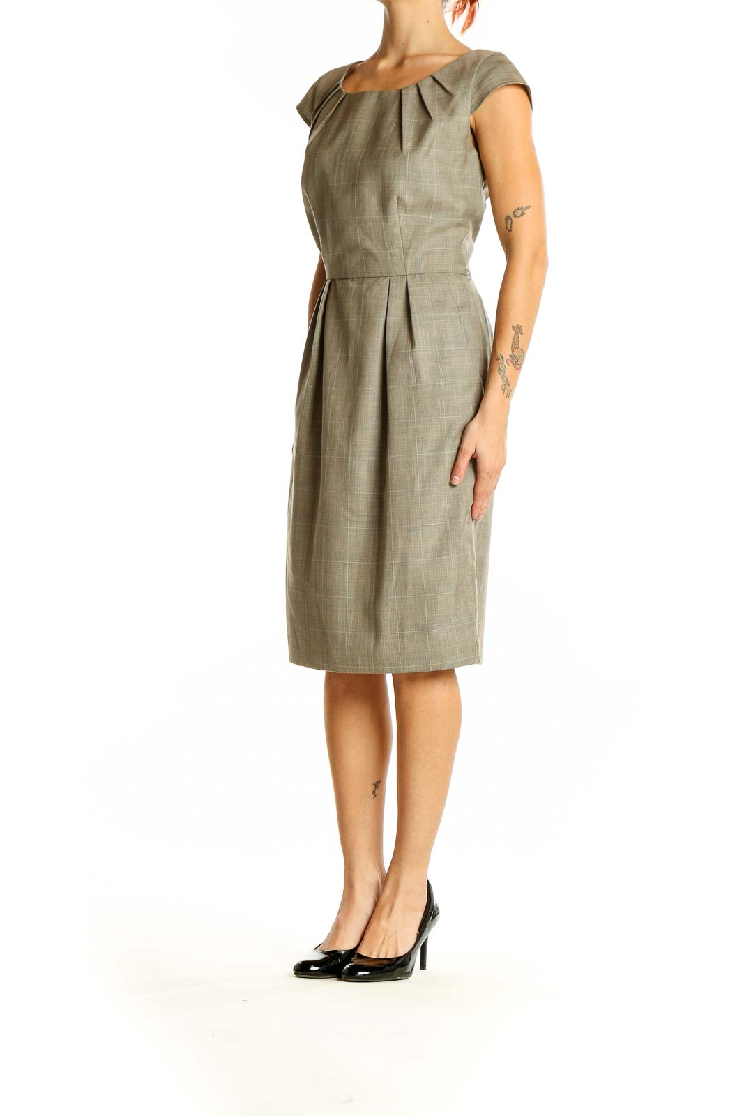 Front view of Calvin Klein taupe sheath dress with pleated neckline and cap sleeves