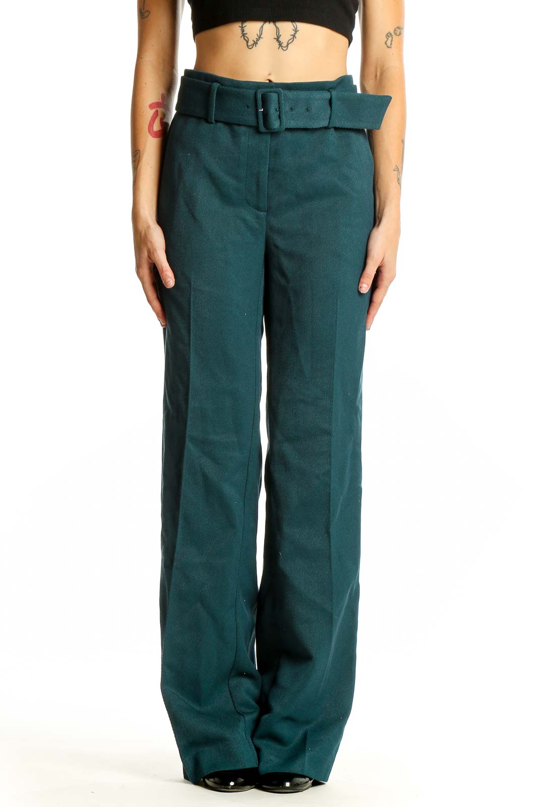 Front view of Ann Taylor forest green wide-leg belted trousers