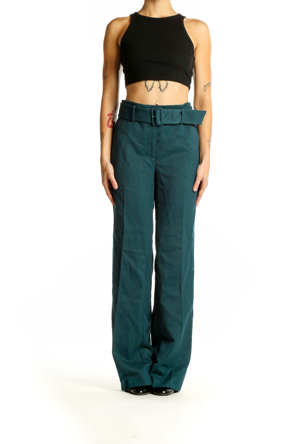 Front view of Ann Taylor forest green wide-leg belted trousers