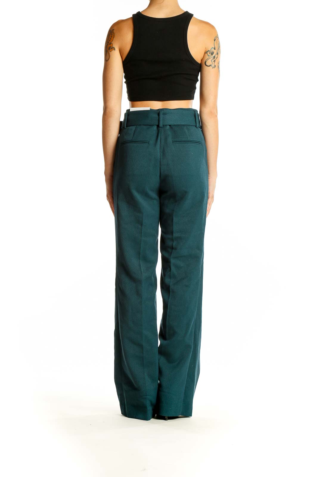 Side view of Ann Taylor forest green wide-leg belted trousers on model