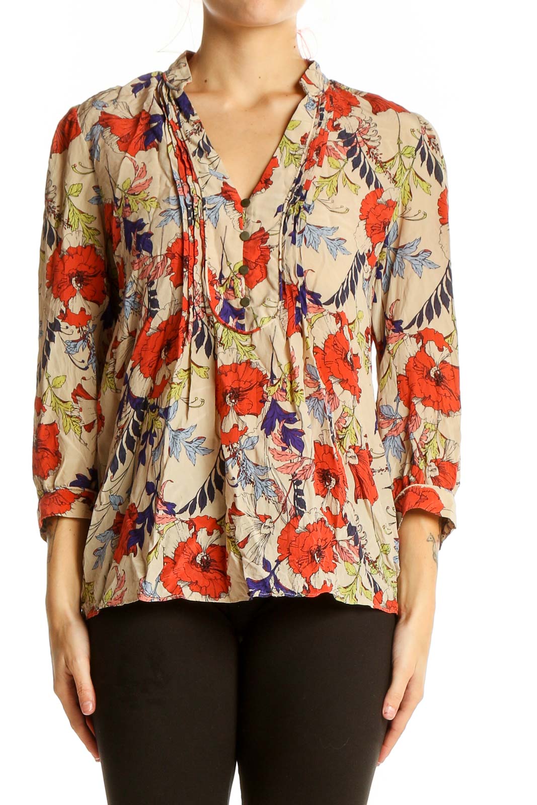 Front view of Banana Republic beige silk blouse with red floral print