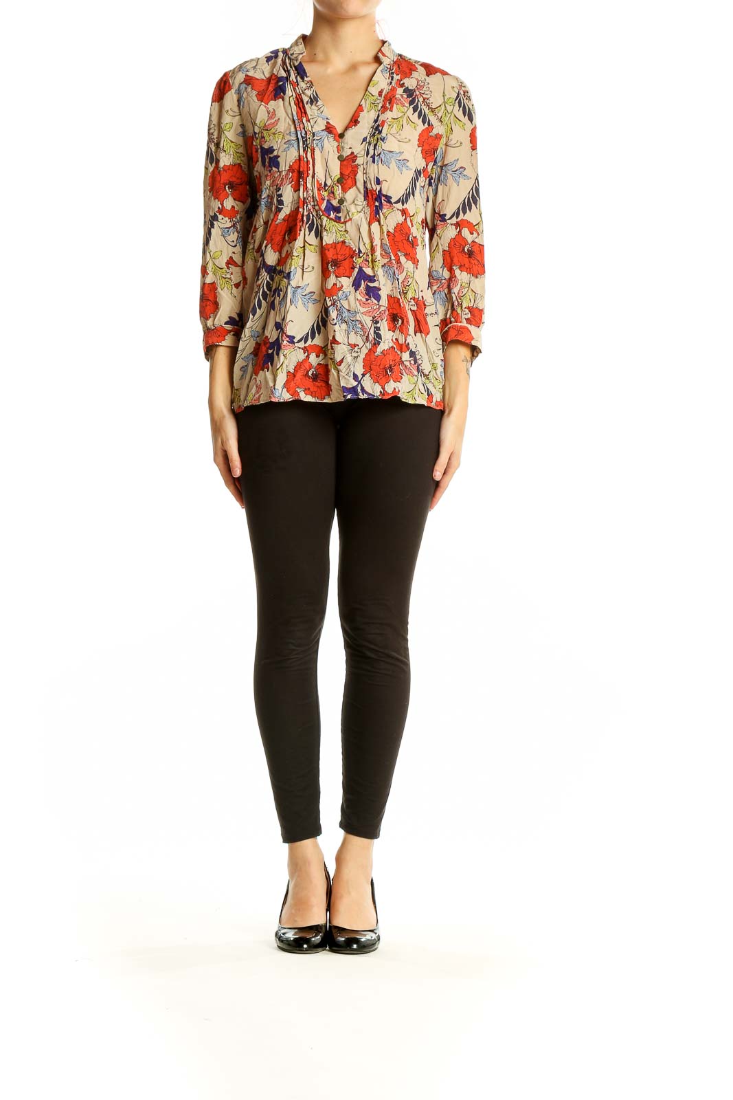 Front view of Banana Republic beige silk blouse with red floral print