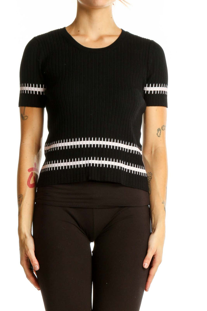 Front view of Armani Exchange black ribbed knit top with white stripes