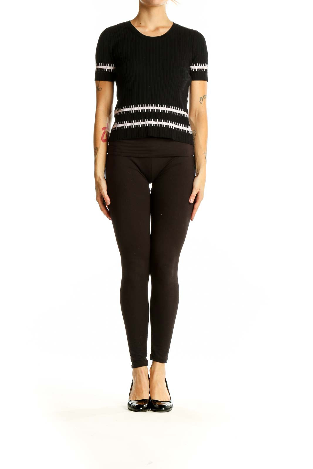 Front view of Armani Exchange black ribbed knit top with white stripes