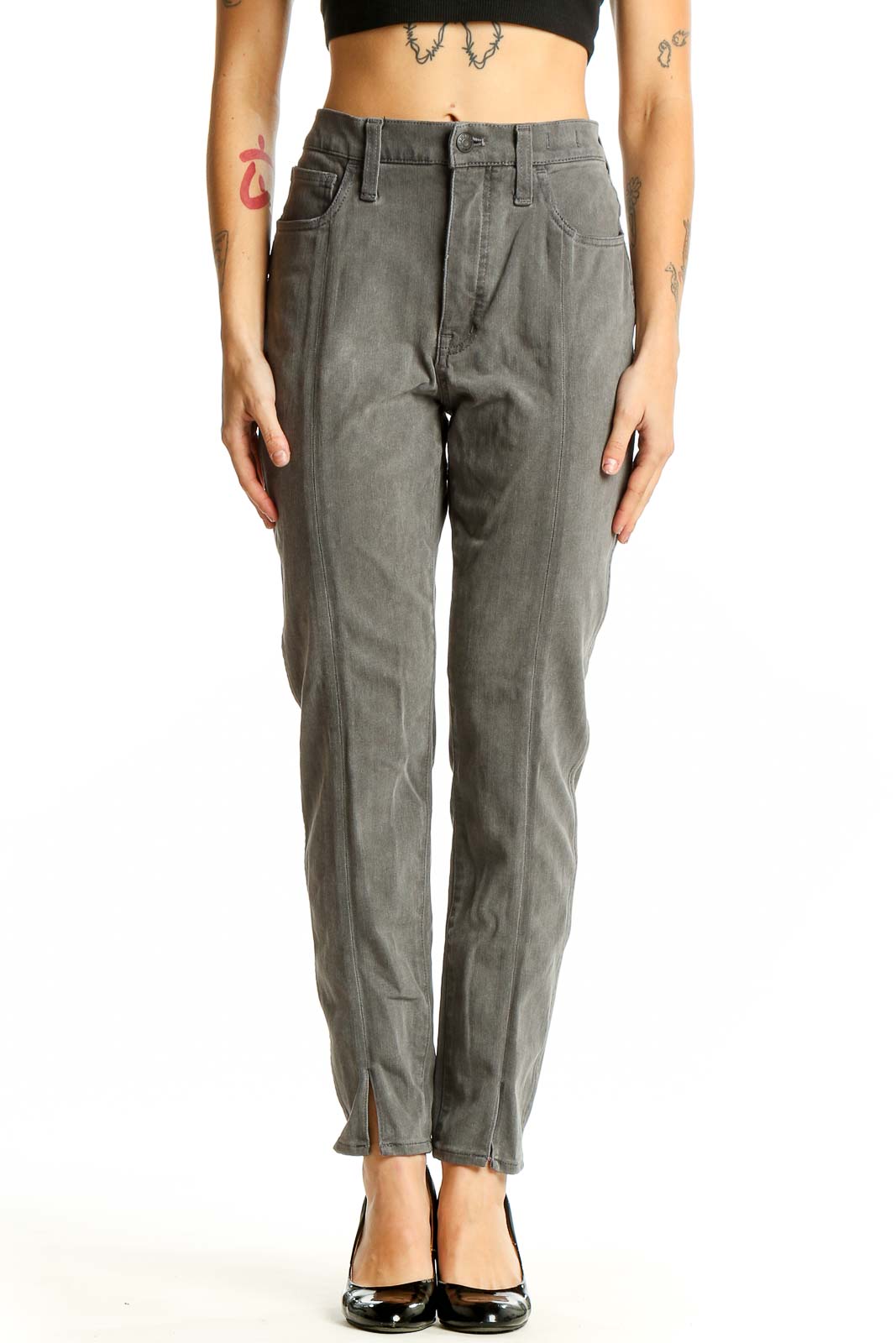 Front view of Madewell gray high-waisted straight leg jeans