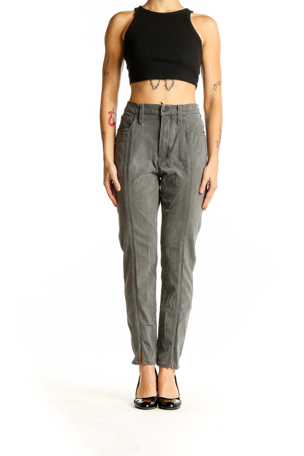 Front view of Madewell gray high-waisted straight leg jeans