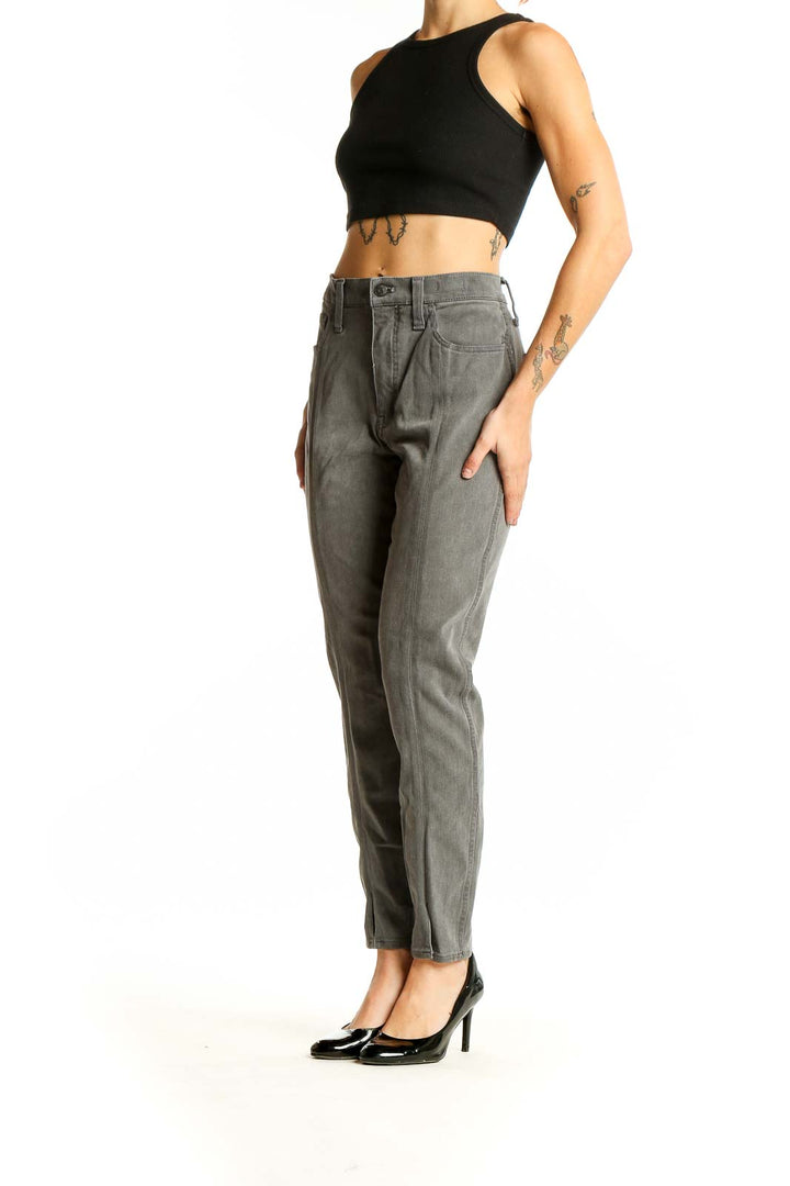 Front view of Madewell gray high-waisted straight leg jeans