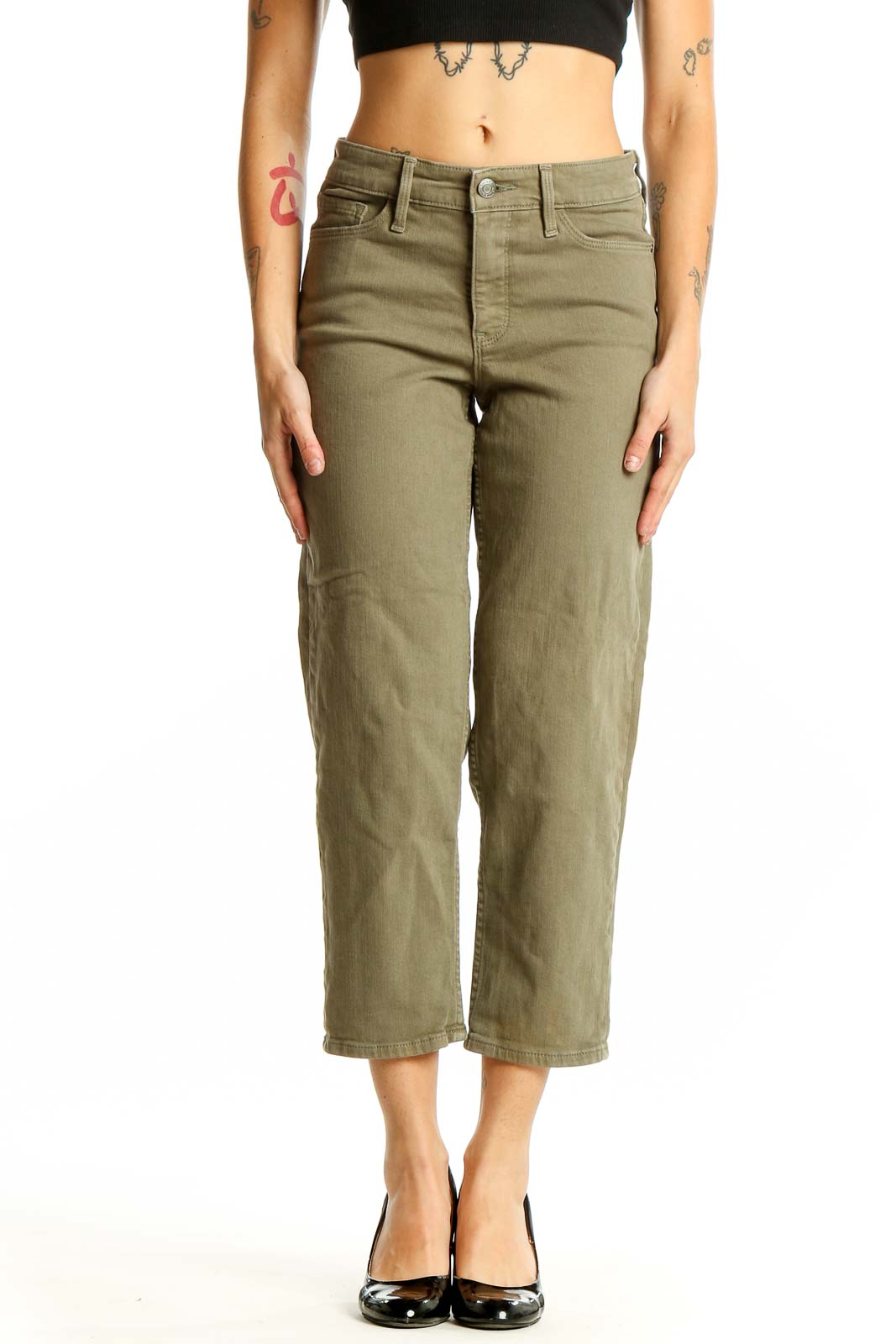 Front view of Athleta olive wide-leg cropped denim pants