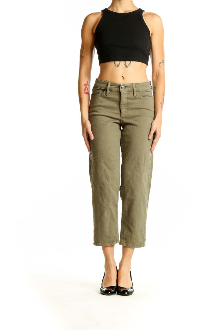 Front view of Athleta olive wide-leg cropped denim pants