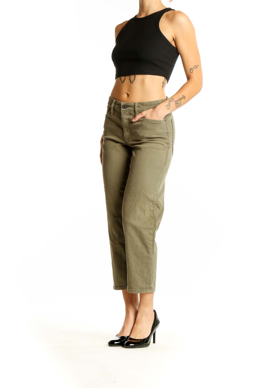 Front view of Athleta olive wide-leg cropped denim pants