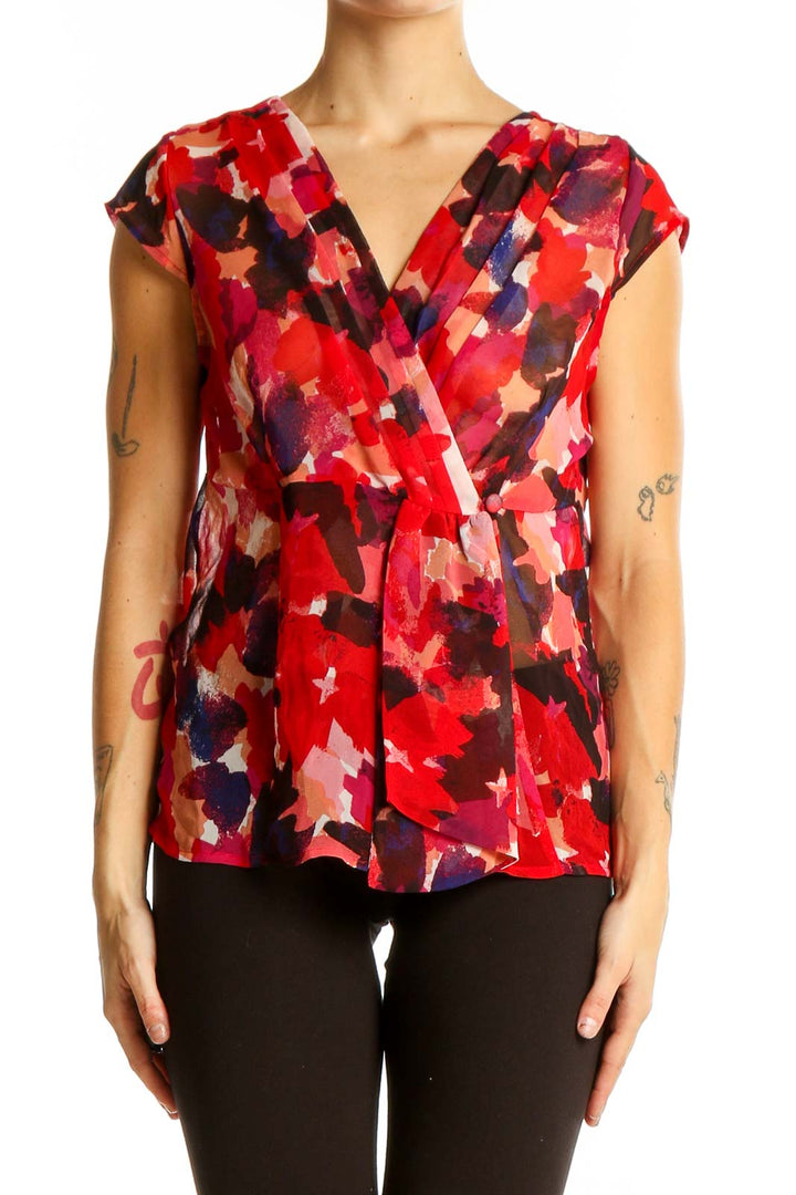 Front view of Banana Republic red floral print wrap-style blouse