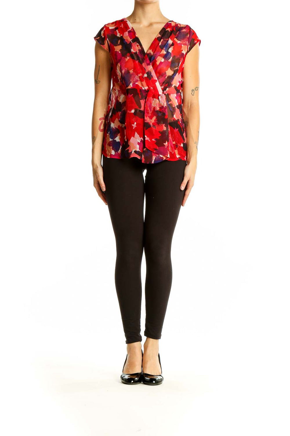 Front view of Banana Republic red floral print wrap-style blouse