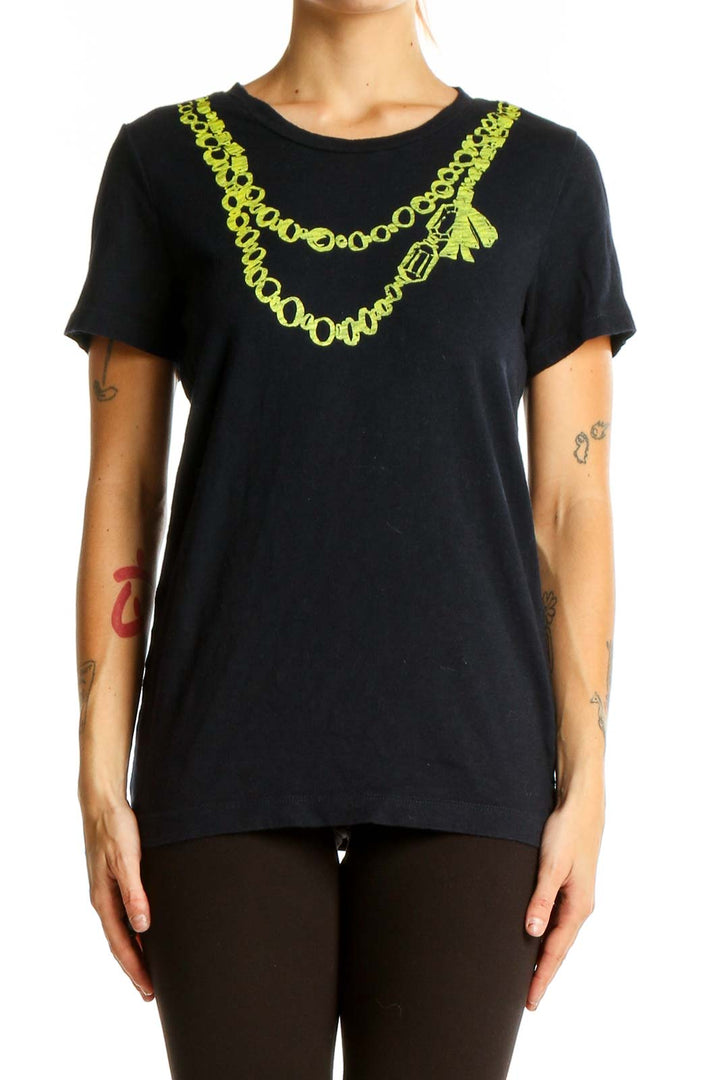 Front view of J.Crew black t-shirt with lime green necklace graphic print