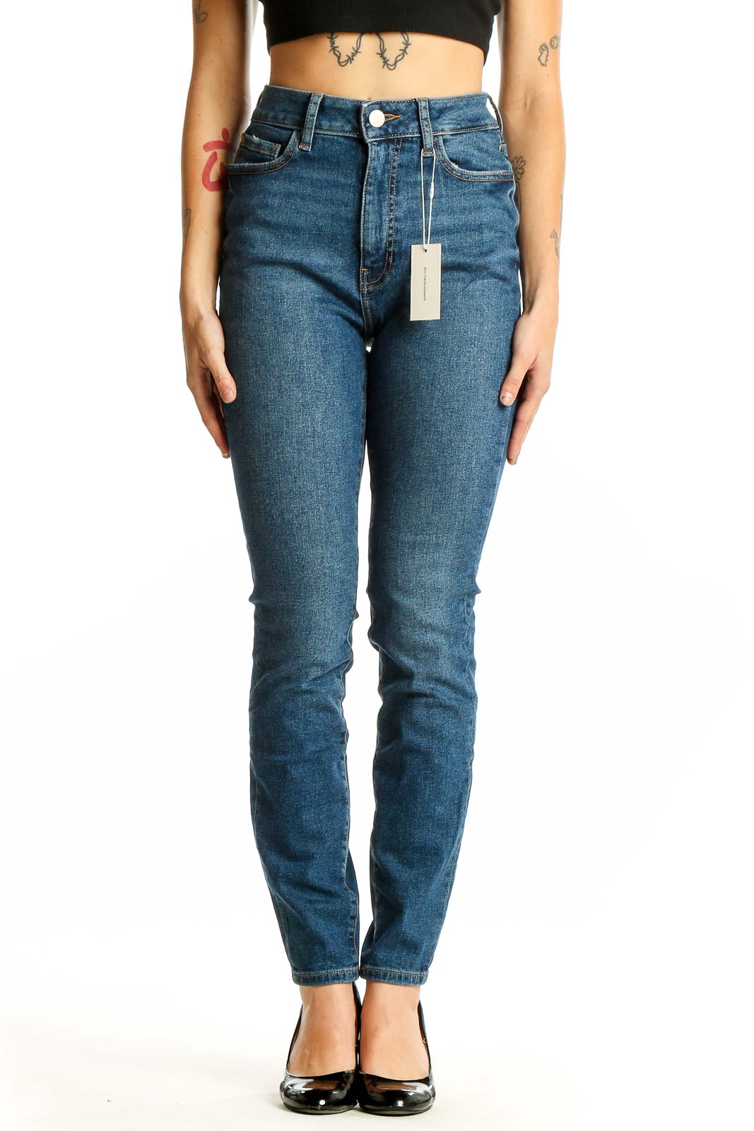 Front view of Warp Weft blue high-waisted slim fit jeans on model