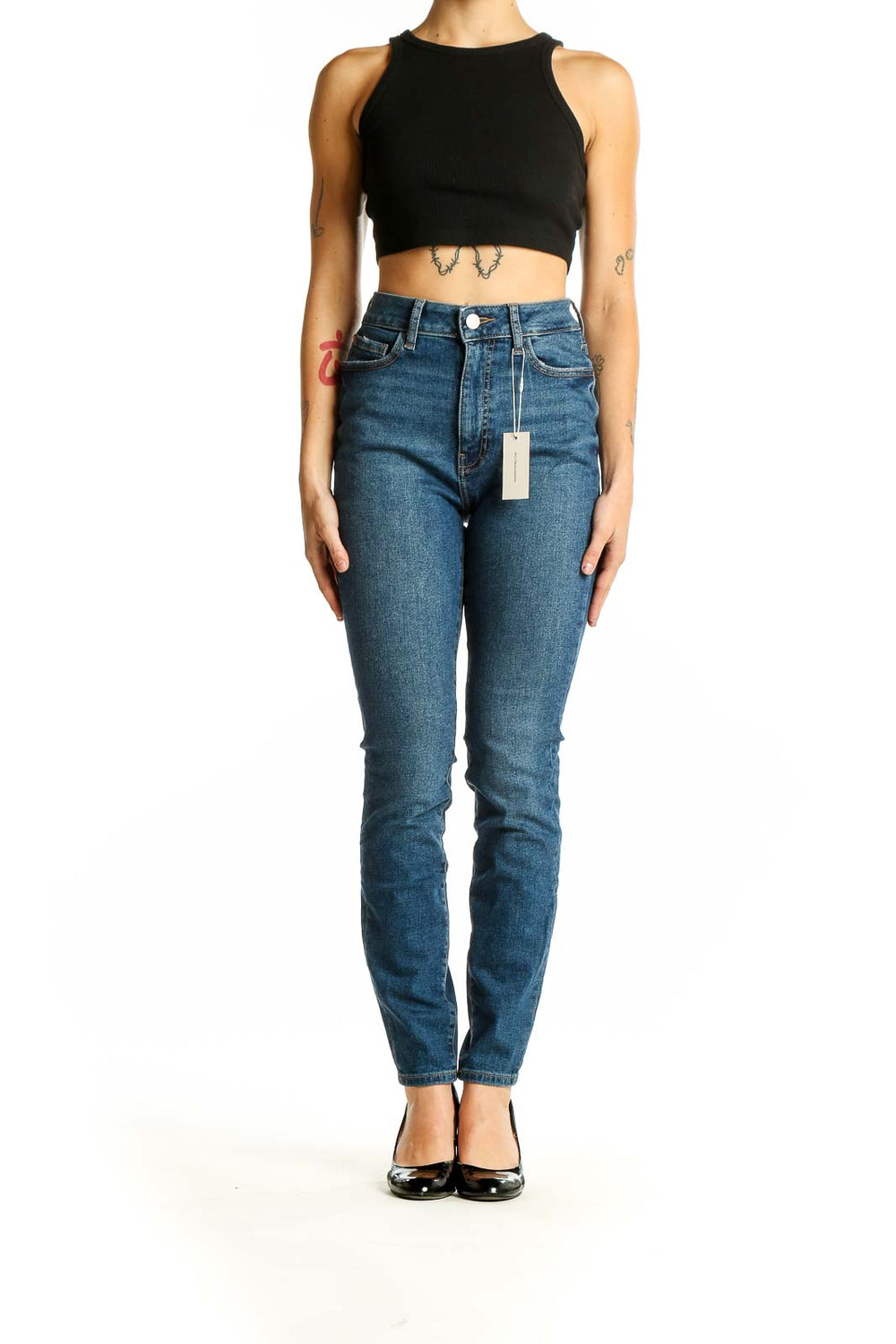 Front view of Warp Weft blue high-waisted slim fit jeans on model