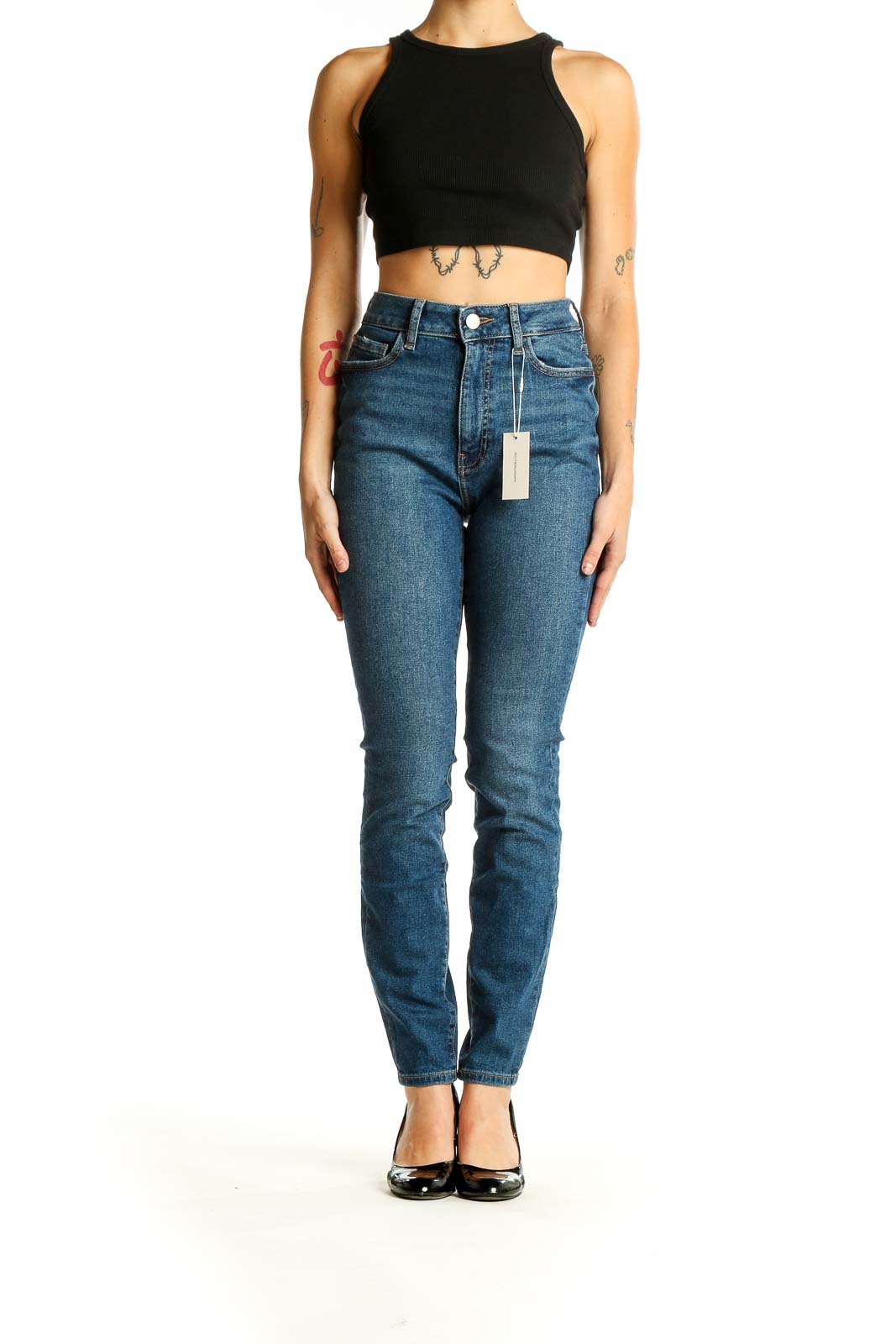 Front view of Warp Weft blue high-waisted slim fit jeans on model