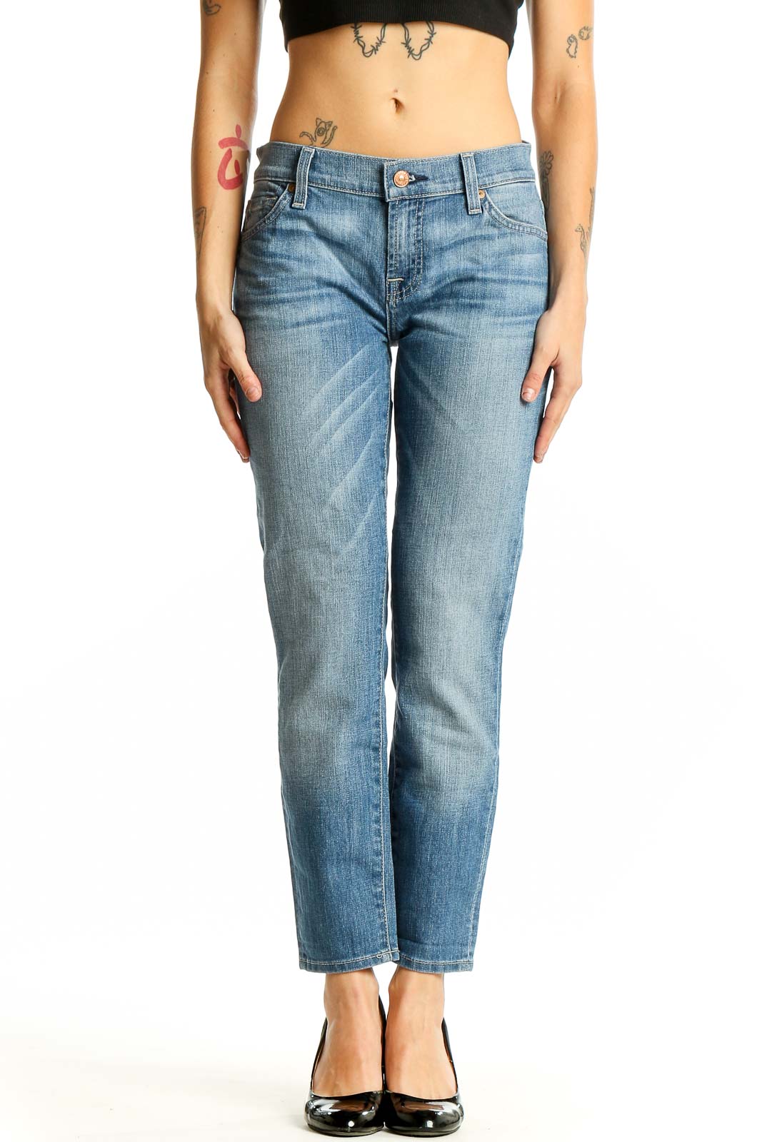 Front view of 7 For All Mankind light blue straight leg jeans