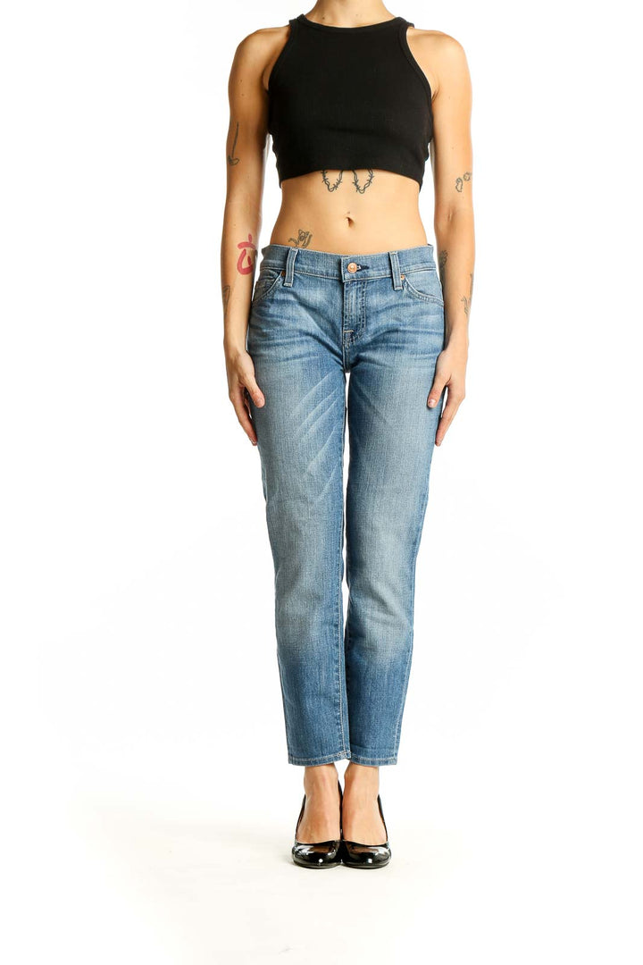 Front view of 7 For All Mankind light blue straight leg jeans