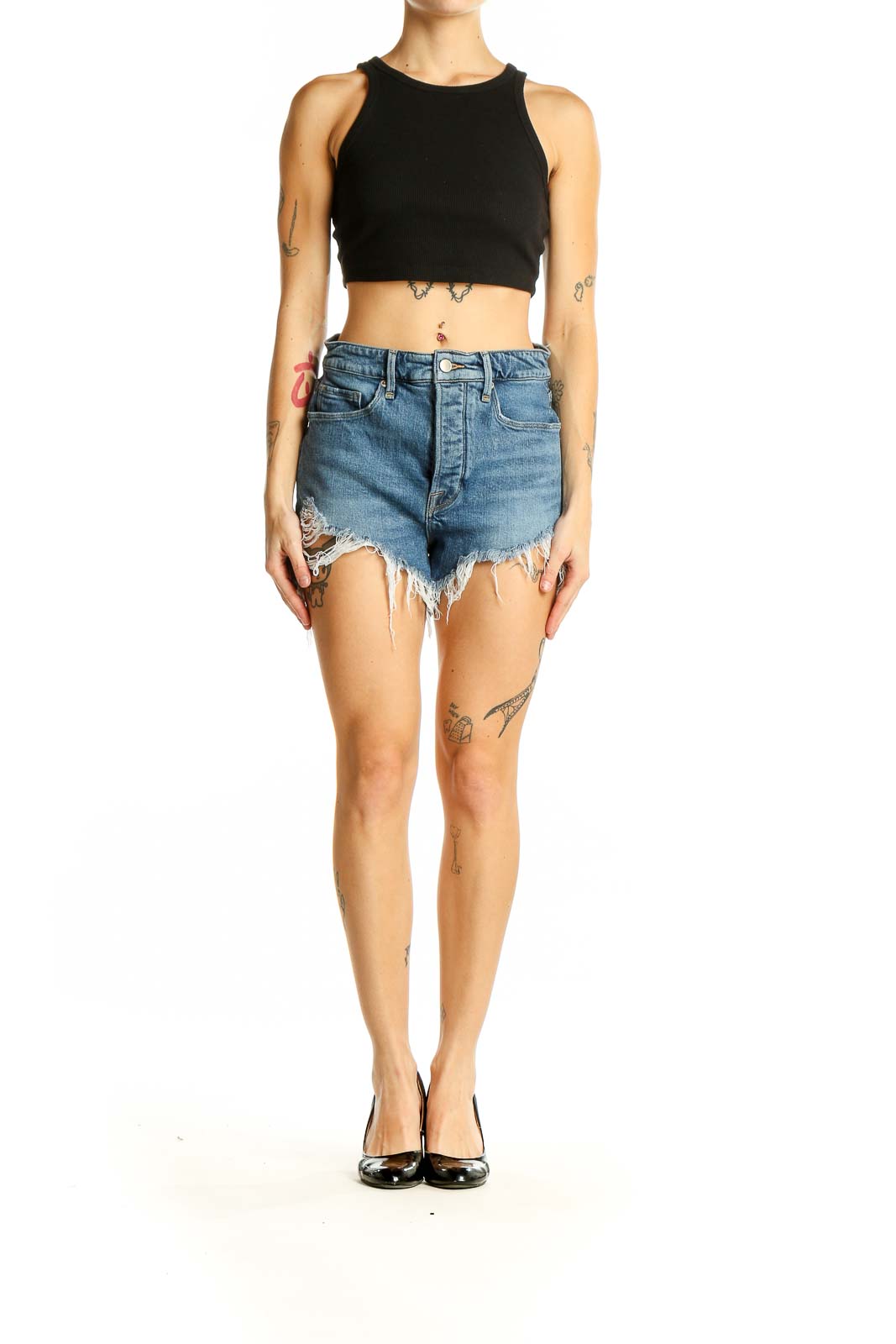 Front view of Good American blue denim cutoff shorts with distressed details