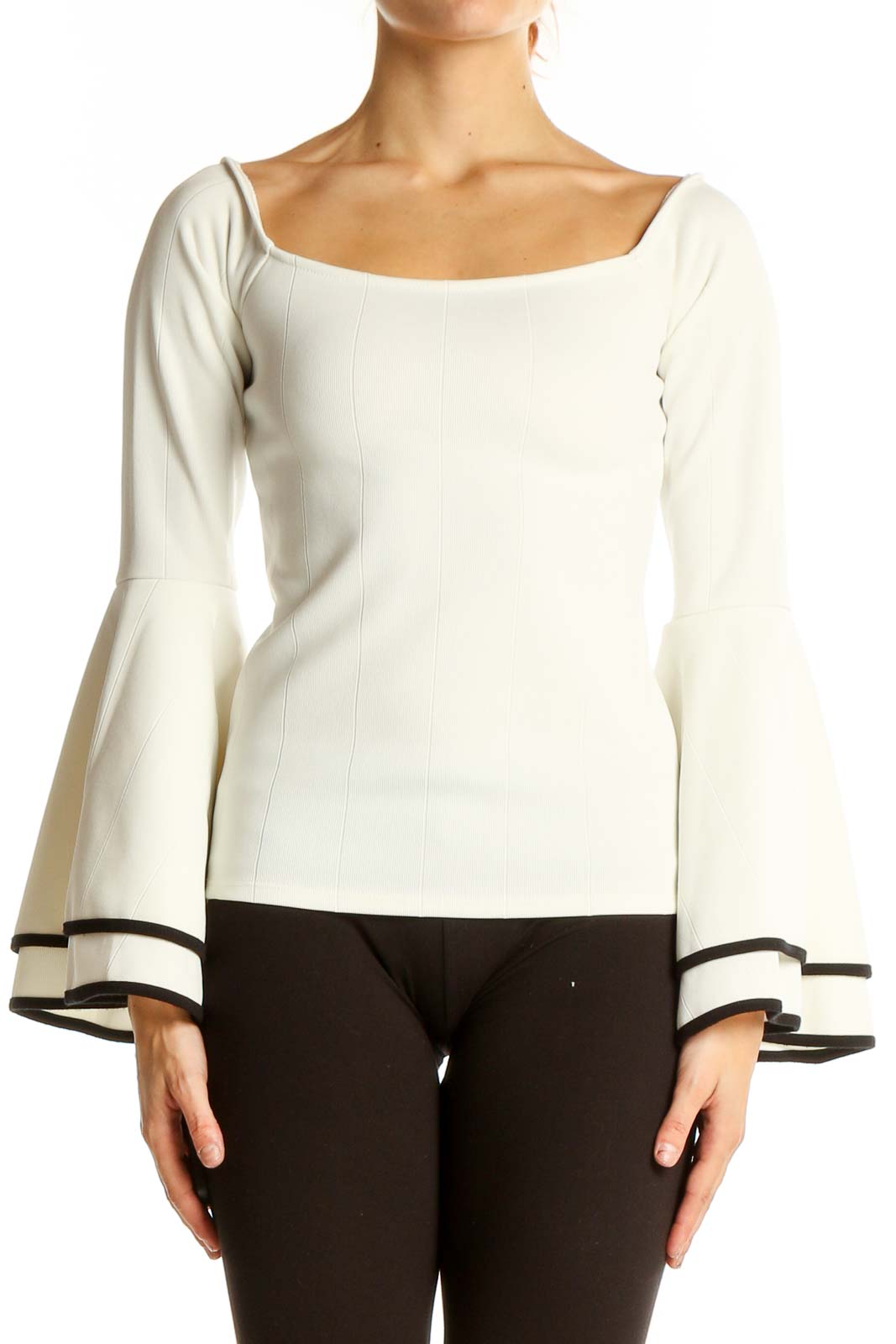 Front view of white bar III top with square neckline and bell sleeves