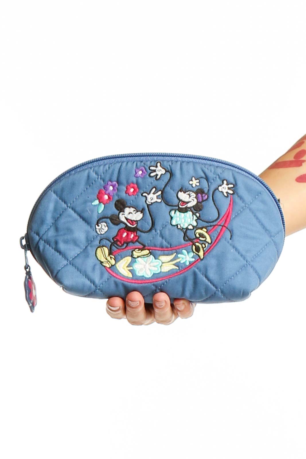 Blue quilted Vera Bradley clutch with Mickey and Minnie Mouse embroidery